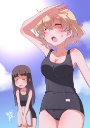  2girls artist_name black_hair black_one-piece_swimsuit blonde_hair blue_sky blunt_bangs breasts cleavage closed_eyes cloud cowboy_shot kickboard medium_breasts multiple_girls one-piece_swimsuit original osamada_meika school_swimsuit shading_eyes short_hair sidelocks sky swimsuit 