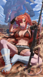  absurdres anti-materiel_rifle bare_shoulders belt bikini black_gloves black_shorts boota_(ttgl) boots breasts cleavage elbow_gloves female fingerless_gloves gloves gun highres large_breasts looking_at_viewer navel ponytail red_hair rifle scarf short_shorts shorts sidelocks silvertsuki sitting sniper_rifle solo swimsuit tengen_toppa_gurren_lagann thighhighs weapon yellow_eyes yoko_littner 