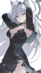  absurdres ahoge animal_ear_fluff animal_ears arms_behind_head black_choker black_dress blue_archive blue_eyes breasts choker cleavage cross_hair_ornament dress female grey_hair grey_halo hair_ornament halo highres large_breasts long_hair mismatched_pupils parted_lips shin_no_tenpii shiroko_(blue_archive) shiroko_terror_(blue_archive) simple_background solo white_background wolf_ears 