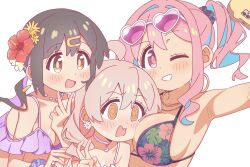  3girls @_@ ahoge armpits bikini black_hair blush breasts cellphone earrings face_to_breasts flower flower_on_head genderswap_(mtf) hair_ornament heart heart-shaped_eyewear highres hozuki_kaede jewelry large_breasts long_hair medium_breasts multiple_girls necklace nuurise2023 one_eye_closed onii-chan_wa_oshimai! open_mouth orange_eyes oyama_mahiro oyama_mihari phone pink_eyes pink_hair rule_63 selfie side_ponytail simple_background smartphone smile swimsuit v 