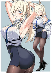  angel_lingxing animal_ear_fluff animal_ears armpits arms_up black_pantyhose blonde_hair blue_archive blue_eyes blue_necktie dog_ears dog_girl extra_ears full_body grey_background hair_over_one_eye halo hand_on_own_hip high-waist_skirt high_heels highres jacket kanna_(blue_archive) long_hair multiple_views necktie no_halo notched_ear off_shoulder open_clothes open_jacket pantyhose ponytail sharp_teeth shirt skirt sleeveless sleeveless_shirt standing striped_clothes striped_shirt sweat teeth vertical-striped_clothes vertical-striped_shirt 