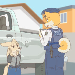  anthro canid canine canis clothed clothing domestic_dog duo ekaki510 female fennec_fox fox kemono male mammal police police_officer shiba_inu spitz truck_(vehicle) true_fox vehicle 