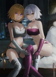  2girls black_choker blonde_hair boots bow braid breasts choker cleavage closed_mouth collarbone commission elbow_gloves fate/apocrypha fate/grand_order fate_(series) feet_out_of_frame flippy_(cripine111) gloves grey_bow grey_footwear grey_gloves grey_hair grey_panties grey_tube_top hair_between_eyes hairbow hand_on_another&#039;s_leg hand_on_another&#039;s_shoulder highres indoors jeanne_d&#039;arc_(fate) jeanne_d&#039;arc_alter_(avenger)_(fate) jeanne_d&#039;arc_alter_(fate) leg_on_another&#039;s_leg long_hair looking_at_viewer multiple_girls navel on_bed panties pixiv_commission purple_choker purple_eyes purple_footwear purple_gloves purple_panties purple_tube_top short_hair sitting strapless thigh_boots tube_top underwear very_long_hair yellow_eyes 