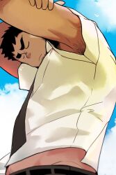  1boy armpit_hair armpit_peek bara beard_stubble closed_eyes facial_hair from_below highres male_focus midriff_peek navel_hair_peek necktie original r.l_(2089184064) salaryman short_hair solo standing stretching stubble thick_eyebrows 