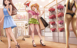  2girls bag bare_legs blonde_hair blue_dress bra breasts brown_eyes brown_hair chandelier cleavage collarbone dress earrings elisabetlis english_commentary feet full_body green_eyes green_skirt gyaru handbag high_heels highres holding holding_bag jewelry layered_skirt legs lingerie looking_at_object mannequin medium_breasts midriff miniskirt multiple_girls navel original panties picture_frame pink_bra pink_nails pink_panties pink_shirt ponytail red_panties sandals shadow shirt shop shopping shopping_bag skirt small_breasts straight_hair strappy_heels toenails toes underwear unworn_bra unworn_panties 