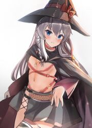  :t areola_slip arm_at_side ayachi_nene ayachi_nene_(cosplay) belt belt_bra belt_collar black_cape black_hat black_skirt blue_eyes blush bow braid breasts cape cloak closed_mouth collar commentary_request cosplay cowboy_shot detached_sleeves elaina_(majo_no_tabitabi) grey_hair hair_between_eyes hand_up hat hat_bow highres hip_vent jewelry light_particles long_hair long_sleeves looking_at_viewer majo_no_tabitabi miniskirt navel necklace pink_belt pleated_skirt pout red_bow sanoba_witch simple_background single_braid skirt small_breasts split_mouth straight_hair tears v-shaped_eyebrows very_long_hair white_background wide_sleeves witch witch_hat yuzf 