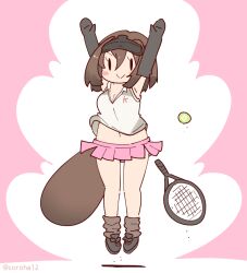  arms_up ball brown_hair coroha elbow_gloves female full_body gloves jumping kemono_friends looking_at_viewer navel pink_background platypus_(kemono_friends) platypus_girl racket shirt shoes short_hair simple_background skirt sleeveless sleeveless_shirt socks solo sportswear tail tennis_ball tennis_racket tennis_uniform visor_cap 