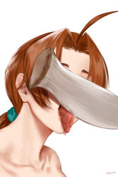  ahoge artist_name brown_hair collarbone delia_ketchum easonx female highres licking long_hair mature_female mushroom parted_bangs pokemon ponytail portrait saliva simple_background tongue tongue_out white_background 