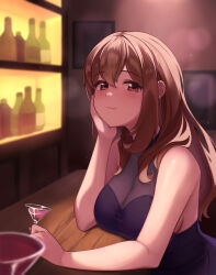  bar_(place) blurry blurry_background breasts brown_hair cleavage cocktail_glass cup dress drinking_glass elbow_on_table ensemble_girls! female highres hikari_kakeru indoors solo yumeji_maria 