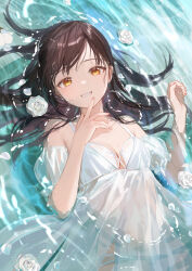  artist_name breasts brown_hair cleavage collarbone commentary covered_navel cowboy_shot dress female floating_hair flower grin highres long_hair looking_at_viewer lying lying_on_water mole mole_under_eye nima_(niru54) off-shoulder_dress off_shoulder on_back original panties partially_submerged petals pink_nails rose see-through see-through_dress small_breasts smile solo symbol-only_commentary teeth underwear water wet wet_clothes white_dress white_flower white_panties white_rose yellow_eyes 