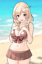  bikini bikini_skirt braid brown_bikini cowboy_shot female furaggu_(frag_0416) highres kantai_collection light_brown_hair long_hair looking_at_viewer low_twin_braids minegumo_(kancolle) navel red_eyes solo standing swimsuit twin_braids 