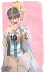  2024_copa_america :&gt; absurdres alternate_costume angel angewomon argentina argentinian_flag argentinian_flag_print artist_name blonde_hair cheeso_art copa_america covered_eyes digimon digimon_(creature) female flag_print hair_bun head_wings helmet helmet_over_eyes highres looking_at_viewer mask shiny_skin smile soccer_uniform solo sportswear updo wide_hips wings 