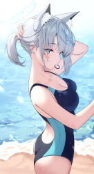  absurdres animal_ear_fluff animal_ears ass beach black_one-piece_swimsuit blue_archive blue_eyes breasts cleavage competition_swimsuit cowboy_shot cross_hair_ornament extra_ears female grey_hair hair_ornament halo highres holding holding_own_hair looking_at_viewer low_ponytail medium_breasts medium_hair mismatched_pupils mouth_hold multicolored_clothes multicolored_swimsuit nenennenen ocean official_alternate_costume one-piece_swimsuit rubber_band shiroko_(blue_archive) shiroko_(swimsuit)_(blue_archive) solo swimsuit wolf_ears 