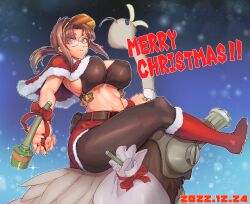  bell belt bird boots bow bra breasts brown_belt brown_bra brown_eyes brown_hair capelet christmas closed_mouth commentary_request dated english_text female fio_germi fur-trimmed_boots fur-trimmed_capelet fur-trimmed_skirt fur_trim gatling_gun glasses hat jingle_bell large_breasts long_hair looking_at_viewer madsensei merry_christmas metal_slug orange_hat ostrich outline pantyhose ponytail red_bow red_capelet red_footwear red_skirt riding round_eyewear sack santa_costume sideboob sidelocks skirt smile snowing solo sparkle stick_grenade underwear visor_cap white_outline 