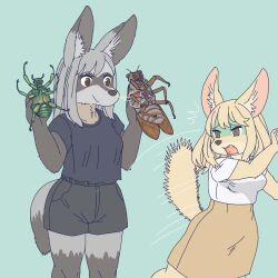  ambiguous_gender anthro arthropod bat-eared_fox canid canine cicada clothed clothing ekaki510 female fennec_fox feral fox green_background group insects kemono mammal scared simple_background tail true_fox 