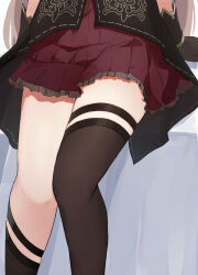  black_socks black_thighhighs brown_gloves close-up commentary female gloves highres hololive hololive_english kneehighs miniskirt nanashi_mumei nanashi_mumei_(1st_costume) pleated_skirt red_skirt shuuzo3 single_kneehigh single_sock single_thighhigh sitting skirt socks solo thigh_focus thighhighs thighs 