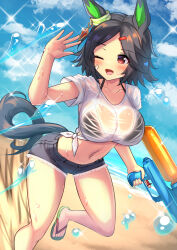  ;d animal_ears beach bikini bikini_under_clothes black_bikini black_shorts blue_sky blush breasts cloud commentary_request day female green_footwear highres holding holding_water_gun horse_ears horse_girl horse_tail looking_to_the_side midriff navel ocean one_eye_closed outdoors red_eyes sandals shirt short_hair shorts sky smile swimsuit tail tied_shirt toes umamusume water_gun white_shirt winning_ticket_(umamusume) yuutopia 