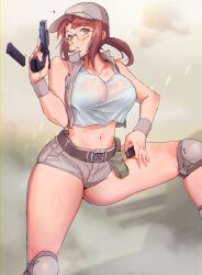  bare_shoulders belt breasts brown_background brown_belt brown_eyes brown_hair brown_hat brown_shorts brown_vest collarbone commentary_request crop_top feet_out_of_frame female fio_germi glasses gun hand_up handgun hat highres holding holding_gun holding_magazine_(weapon) holding_weapon knee_pads large_breasts long_hair madsensei magazine_(weapon) metal_slug midriff navel oekaki open_clothes open_vest parted_lips ponytail reloading round_eyewear see-through short_shorts shorts sidelocks sideways_glance solo tank_top thighs trigger_discipline vest weapon white_tank_top wristband 