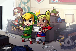  1boy 2girls ^^^ beak blonde_hair boomerang brown_hair circlet commentary controller dark_skin english_commentary finni_chang game_console game_controller gamepad hammer handheld_game_console hat instrument korok link long_hair makar medli multiple_girls neckerchief nintendo_3ds official_style photoshop_(medium) playing_games pointy_ears red_eyes sandals screen_light shield shorts sword tetra the_legend_of_zelda the_legend_of_zelda:_the_wind_waker toon_link tunic violin weapon wii_remote wii_u wii_u_gamepad 