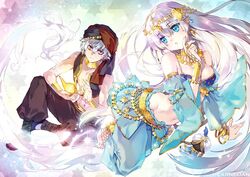  1boy aladdin_(character) aladdin_(character)_(cosplay) anastasia_(fate) arabian_clothes arabian_nights bad_id bad_twitter_id barefoot blue_eyes carnelian cosplay doll fate/grand_order fate_(series) female genie harem_outfit harem_pants jewelry kadoc_zemlupus navel oil_lamp pants smoke turban viy_(fate) white_hair wide_sleeves yellow_eyes 