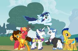  2015 armor big_macintosh_(mlp) blue_body blue_eyes blue_feathers blue_hair bottomless bow_(feature) bow_tie brown_body brown_feathers cheese_sandwich_(mlp) clothed clothing cutie_mark earth earth_pony equid equine eyewear eyewear_on_head facial_hair fancypants_(mlp) feathered_wings feathers flash_sentry_(mlp) friendship_is_magic goggles goggles_on_head green_eyes group hair hasbro horn horse male mammal monocle moustache my_little_pony mythological_creature mythological_equine mythology pegasus planet plant pony shining_armor_(mlp) soarin_(mlp) suit thebestgamer tree unicorn wings wonderbolts_(mlp) 