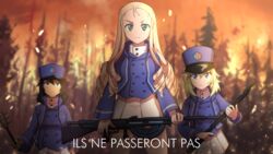  3girls andou_(girls_und_panzer) battlefield_(series) battlefield_1 bc_freedom_(emblem) bc_freedom_military_uniform blonde_hair blue_jacket buttons chauchat closed_mouth commentary double-breasted drill_hair embers emblem fire forest france french_text frown girls_und_panzer girls_und_panzer_saishuushou green_eyes gun hat highres holding holding_weapon jacket long_hair long_sleeves looking_at_viewer mace marie_(girls_und_panzer) multiple_girls nature oshida_(girls_und_panzer) outdoors rifle serious shako_cap shirt sinensian standing translated trench_mace weapon wildfire world_war_i 