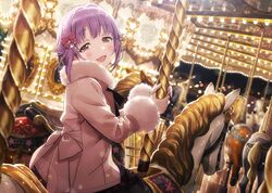  blurry blurry_background bow brown_eyes carousel commentary dutch_angle female fur-trimmed_jacket fur-trimmed_sleeves fur_collar fur_trim hair_ornament hairbow hairclip head_tilt idolmaster idolmaster_cinderella_girls jacket koshimizu_sachiko looking_at_viewer night pantyhose purple_hair short_hair smile solo sonsoso 