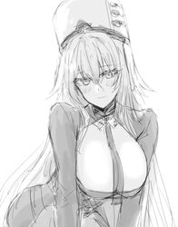  azur_lane blush breasts cleavage commentary_request female greyscale hair_between_eyes hat large_breasts long_hair long_sleeves looking_at_viewer military_hat monochrome necktie protected_link sbs smile solo sovetsky_soyuz_(azur_lane) upper_body white_hat 