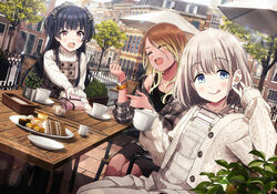  3girls :d :q bangle black_hair blonde_hair blue_eyes bow bracelet brown_eyes brown_hair building cafe cake cardigan chair closed_eyes commentary cup dark-skinned_female dark_skin dutch_angle earrings food gradient_hair grey_hair gyaru hairbow highres idolmaster idolmaster_shiny_colors izumi_mei jewelry licking_lips long_hair long_sleeves looking_at_viewer mayuzumi_fuyuko multicolored_hair multiple_girls open_mouth outdoors overalls plaid plaid_shirt sandwich serizawa_asahi shirt short_hair sitting sleeves_past_wrists smile sonsoso straylight_(idolmaster) table teacup tongue tongue_out tree two_side_up 