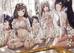  5girls backlighting bandages bare_shoulders black_hair blue_eyes blush bow bow_bra bra breasts brown_eyes brown_hair cleavage closed_mouth collared_shirt commentary_request curtains diagonal_bangs dress_shirt flower grey_hair head_wreath high_ponytail highres idolmaster idolmaster_shiny_colors kneeling l&#039;antica_(idolmaster) large_breasts long_hair looking_at_viewer mitsumine_yuika multiple_girls navel open_clothes open_mouth open_shirt panties ponytail purple_eyes purple_hair shirase_sakuya shirt sidelocks small_breasts smile sonsoso swept_bangs tanaka_mamimi thighs tsukioka_kogane twintails underwear white_bra white_panties white_shirt window yellow_eyes yukoku_kiriko 