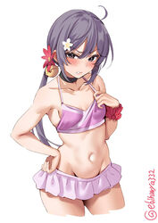  akebono_(kancolle) akebono_kai_ni_(kancolle) akebono_kai_ni_(swimsuit_mode)_(kancolle) bell bikini bikini_skirt breasts collarbone commentary_request cowboy_shot cropped_legs ebifurya female flower hair_bell hair_flower hair_ornament highres jingle_bell kantai_collection long_hair navel one-hour_drawing_challenge pink_bikini purple_eyes purple_hair scrunchie side_ponytail small_breasts solo stomach swimsuit twitter_username very_long_hair white_background wince 