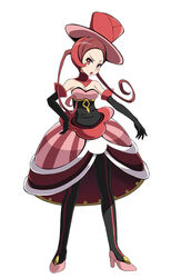  battle_chatelaine black_gloves black_pantyhose blush breasts cleavage commentary dana_(pokemon) dress elbow_gloves eyelashes female full_body gloves hat head_tilt high_heels looking_at_viewer md5_mismatch open_mouth pantyhose pink_footwear pokemon pokemon_xy red_hair solo standing teeth tongue top_hat tsukishiro_saika white_background 