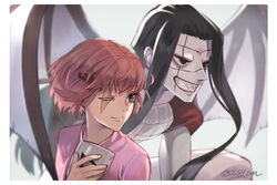  1boy black_eyes black_hair blue_eyes chita_(konjiki_no_gash!!) closed_mouth commentary demon_wings female grin hair_ornament hairclip konjiki_no_gash!! long_hair otton red_hair rodeaux scar sharp_teeth short_hair smile teeth wings 