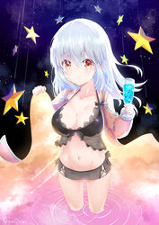  artist_name babydoll breasts champagne_flute cleavage clothing_cutout clothing_request commentary_request cup drinking_glass female frown highres kana_ami large_breasts light_blush long_hair navel night night_sky open_clothes open_robe original red_eyes ripples robe shoulder_cutout sky solo standing star_(sky) star_(symbol) wading white_hair 