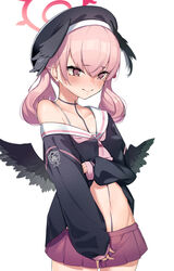  black_hat black_wings blue_archive blush breasts closed_mouth feathered_wings female hair_between_eyes halo hat head_wings highres koharu_(blue_archive) long_hair long_sleeves maza_kisuke mini_wings miniskirt navel off_shoulder pink_hair pleated_skirt purple_skirt sailor_collar school_uniform serafuku simple_background skirt small_breasts solo twintails white_background white_sailor_collar wings 