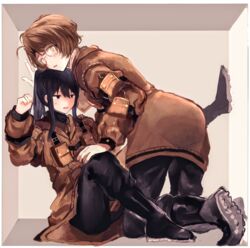  2boys absurdres arm_up black_eyes black_hair black_pants black_sweater boots brown_coat brown_hair cleats coat commentary_request emma_(project_moon) glasses hand_on_another&#039;s_knee highres in_container kneeling library_of_ruina long_hair long_sleeves male_focus multiple_boys noah_(project_moon) open_mouth pants pocket ponytail project_moon ribbed_sweater round_eyewear short_hair sidelocks stuck_in_a_box sweat sweater turtleneck turtleneck_sweater y_o_u_k_a yaoi yellow_eyes 