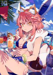  absurdres animal_ear_fluff animal_ears bare_arms bare_legs beach beach_chair bikini bird blue_bikini blue_sky bracelet breasts cleavage closed_mouth cloud commentary cup dated day drink drinking_glass fate/grand_order fate_(series) female food fox_ears fruit heart highres holding holding_drink innertube jewelry long_hair looking_at_viewer magazine_(object) medium_breasts necklace ocean orange_eyes outdoors pink_hair reading sky smile solo string_bikini swim_ring swimsuit tamamo_(fate) tamamo_no_mae_(swimsuit_lancer)_(fate) tamamo_no_mae_(swimsuit_lancer)_(third_ascension)_(fate) taowu_(20809) watermelon watermelon_slice 