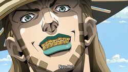  1boy blonde_hair blue_lips close-up fake_screenshot gold_teeth grandguerrilla green_eyes grin gyro_zeppeli hat highres jojo_no_kimyou_na_bouken lipstick long_hair looking_at_viewer makeup male_focus portrait smile solo steel_ball_run subtitled 