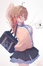  absurdres ahoge arms_up bag black_overskirt blue_ribbon blue_skirt blush breasts brown_cardigan brown_hair cardigan closed_eyes dated female gakuen_idolmaster gradient_hair hanami_ume hatsuboshi_gakuen_school_uniform highres idolmaster large_breasts long_sleeves multicolored_hair neck_ribbon ouba_itsuki pleated_skirt ribbon school_bag school_uniform shirt signature simple_background skirt smile solo stretching twitter_username white_background white_shirt 