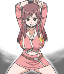  arms_up belt bondage bound bound_wrists breasts cleavage female fully_clothed large_breasts looking_at_viewer miniskirt navel otoo_(izanagi) pre-transformation restrained restraints tied_hands to-gnaniwa transformation 