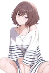  absurdres bare_legs blush breasts brown_hair collarbone commentary_request female gakuen_idolmaster highres idolmaster looking_at_viewer medium_breasts neo_asari no_pants purple_eyes riogu7t shirt short_hair simple_background single_bare_shoulder sitting smile solo striped_clothes striped_shirt white_background 