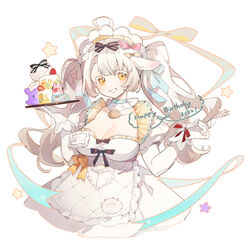  2022 ahoge animal_ears apron argyle_apron argyle_clothes argyle_sleeves arin_(fanfan013) blue_bow blue_choker bow bow_apron breasts brown_bow cake card chinese_commentary choker cleavage collarbone colored_eyelashes commentary_request cropped_legs dress english_text female food fork frilled_apron frilled_choker frilled_hairband frills fruit gift_art gloves grin hairband hairbow happy_birthday heart heart_print holding holding_fork holding_tray juliet_sleeves large_breasts light_blush long_hair long_sleeves looking_at_viewer maid maid_headdress multiple_hair_bows name_tag orange_bow original pink_bow puffy_sleeves rabbit red_bow sheep_ears sheep_print short_dress simple_background single_stripe smile solo star_(symbol) strawberry striped_bow stuffed_animal stuffed_octopus stuffed_toy tray twintails wavy_hair white_apron white_background white_dress white_gloves white_hair wrist_bow yellow_bow yellow_eyes yellow_hairband 