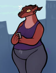  2024 4_fingers alpine_(ncs) anthro clothed clothing dragon ear_piercing female fingers hi_res holding_object horn looking_at_viewer mythological_creature mythological_scalie mythology ncs piercing red_body red_scales scales scalie slightly_chubby slightly_chubby_anthro slightly_chubby_female solo wingless_dragon 