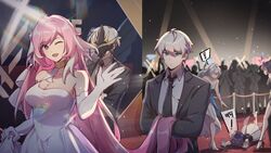  ! 2boys 4girls ;d ahoge bare_shoulders black_hair black_necktie black_suit blue_eyes blue_hair breasts bronya_zaychik bronya_zaychik_(herrscher_of_truth) cleavage closed_mouth dress elbow_gloves elysia_(herrscher_of_human:_ego)_(honkai_impact) elysia_(honkai_impact) face_down falling gloves grey_hair highres holding_another&#039;s_hair honkai_(series) honkai_impact_3rd kalpas_(honkai_impact) kevin_kaslana large_breasts mask mask_on_head multiple_boys multiple_girls necktie one_eye_closed people pink_eyes pink_hair red_carpet seele_(alter_ego) seele_vollerei sleeveless sleeveless_dress smile stage_lights suit the_game_awards white_dress white_gloves xinzhizhu 