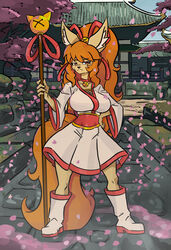  2024 anthro asian_clothing bell bell_collar big_breasts boots breasts canid canine ceroba_ketsukane cherry_blossom cherry_blossom_tree cherry_tree clothed clothing collar colored digital_drawing_(artwork) digital_media_(artwork) ear_tuft east_asian_clothing female fishnet_clothing flower fluffy_ears footwear fox fruit_tree fur hair hand_on_hip hi_res japanese_clothing kimono long_hair mammal orange_hair orange_tail pagoda petals plant ponytail prunus_(flower) red_eyes ribbons sash smug snoutless solo staff tail tree tuft undertale_(series) undertale_yellow 