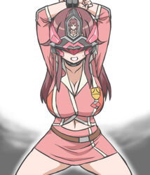  belt cleavage female fully_clothed large_breasts miniskirt navel otoo_(izanagi) pre-transformation restraints tied_hands to-gnaniwa transformation visor 