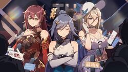  3girls aponia_(honkai_impact) aponia_(mesmerizing_blue) bare_shoulders blonde_hair blue_eyes breasts cleavage cleavage_cutout closed_eyes closed_mouth clothing_cutout crossed_arms dress eden_(honkai_impact) flat_chest fu_hua fu_hua_(azure_empyrea) grey_hair hair_between_eyes hair_ornament hand_in_own_hair hand_on_own_chest hat highres honkai_(series) honkai_impact_3rd large_breasts long_hair long_sleeves microphone multiple_girls open_mouth people red_dress red_eyes short_sleeves side_cutout sun_hat teeth the_game_awards two-tone_dress very_long_hair white_dress xinzhizhu yellow_eyes 