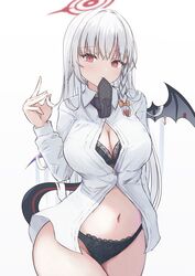  absurdres black_bra black_necktie black_panties black_tail black_wings blue_archive blush bra braid breasts cleavage collared_shirt cowboy_shot demon_tail demon_wings female grey_hair halo haruna_(blue_archive) highres kirin_(kirin1023) large_breasts long_hair long_sleeves looking_at_viewer navel necktie panties red_eyes red_halo shirt side_braid simple_background single_wing solo tail underwear white_background white_shirt wings 