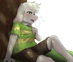  4_fingers anthro asriel_dreemurr blush bodily_fluids boss_monster_(undertale) bottomwear bovid breath caprine clothing dappled_light exhausted fingers floppy_ears fur goat grass heat_(temperature) hi_res male mammal on_ground outside panting pattern_clothing pattern_shirt pattern_topwear plant resting shirt shirt_grab shorts sitting solo striped_clothing striped_shirt striped_topwear stripes suru56nee sweat t-shirt tongue tongue_out topwear tree under_shade undertale undertale_(series) white_body white_fur young 