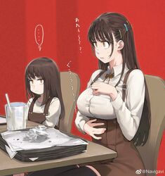  ... 2girls absurdres after_meal big_belly big_sister_(navigavi) biting_own_lip black_thighhighs bloated bow bowtie breasts brown_bow brown_bowtie brown_hair brown_skirt chair clenched_teeth closed_mouth collared_shirt drinking_straw eyelashes fast_food food_wrapper full_stomach glass hair_ornament hairclip hand_on_own_chest hand_on_own_hip hand_on_own_stomach highres jun_(navigavi) large_breasts legs_together little_sister_(navigavi) lolicon long_hair long_sleeves looking_at_another miniskirt multiple_girls orange_eyes original red_background scowl shirt siblings simple_background sisters sitting skirt spoken_ellipsis stomach_ache stomach_growling straight_hair striped striped_background suspender_skirt suspenders sweatdrop table teeth thighhighs thighs translated tray weibo_logo weibo_watermark white_shirt wing_collar zettai_ryouiki 